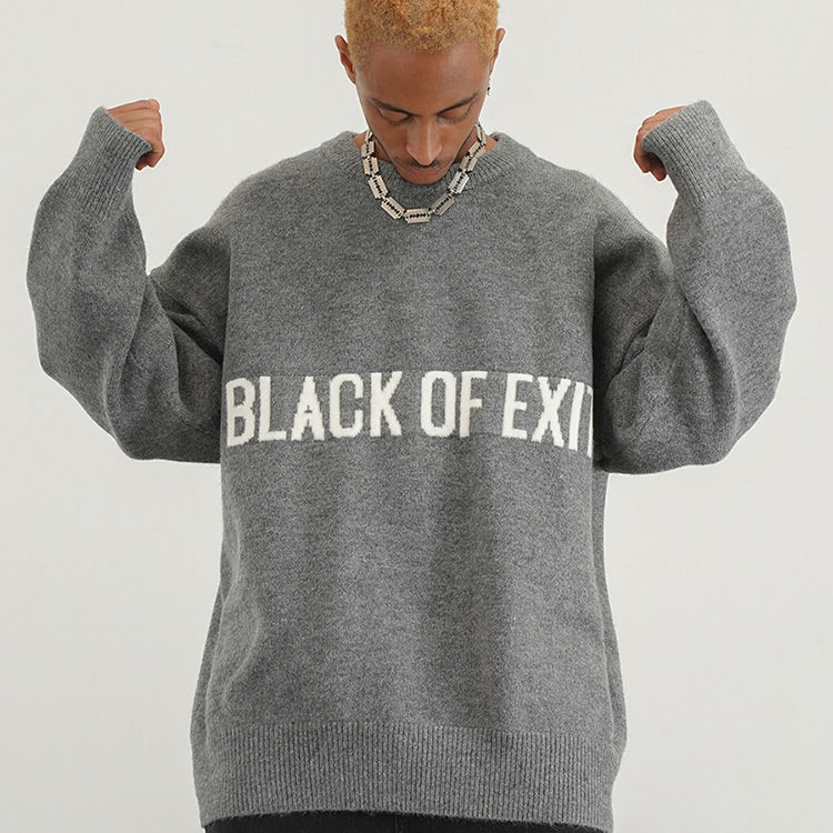 Jersey de punto por Ordenador OEM / ODM 7gg Personalizado Letras de Cachemira de Algodón Puro Suéter Negro Gris con Cuello redondo para Hombres