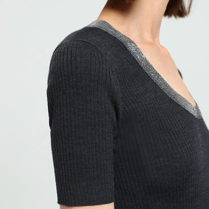 Jersey Fino de Manga Corta con Cuello Redondo para Mujer Ropa de mujer & prime;s Tops de lana Suéter de lana