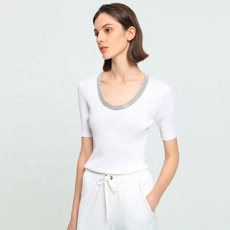 Jersey Fino de Manga Corta con Cuello Redondo para Mujer Ropa de mujer & prime;s Tops de lana Suéter de lana
