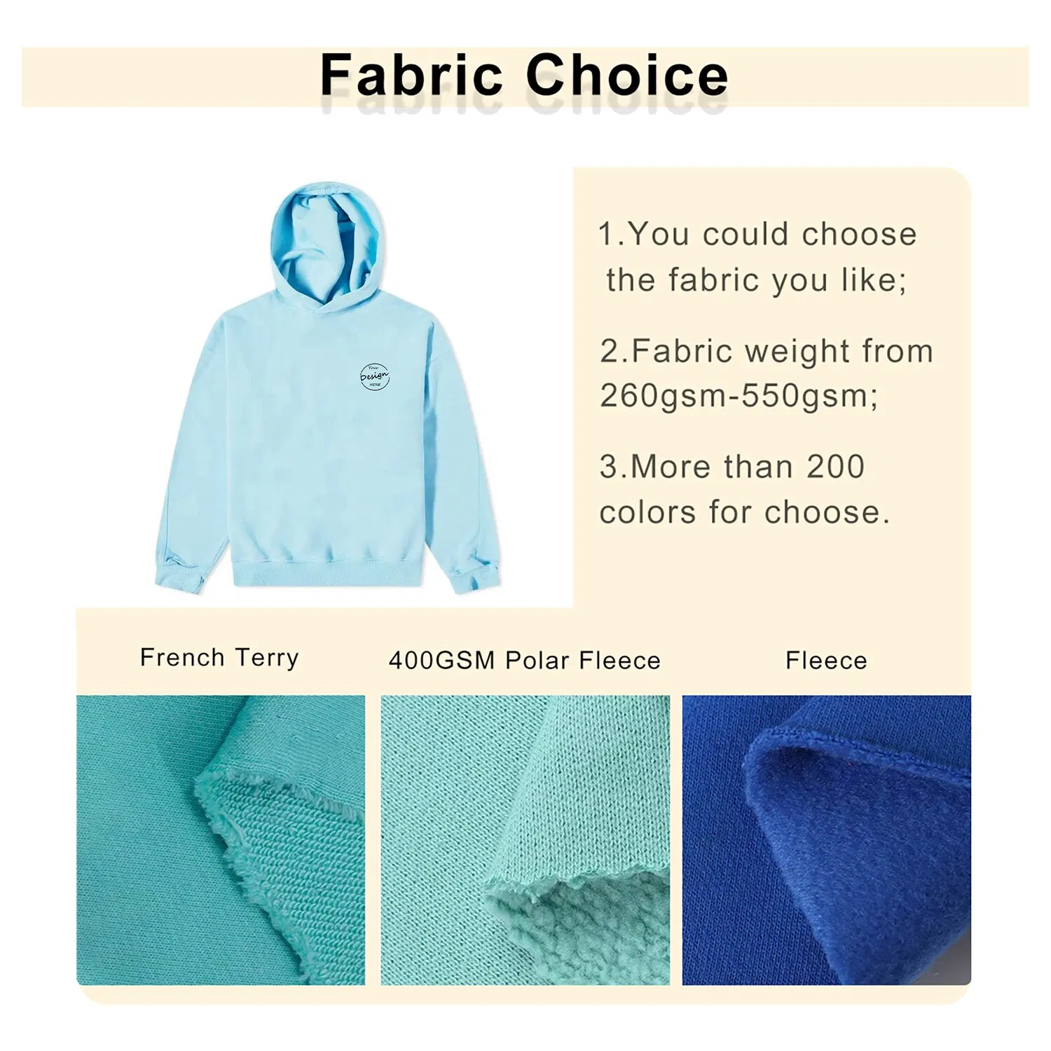 Sudadera con Capucha Personalizada con Estampado de Pantalla al por Mayor de Highstreet, 100% Algodón, Forro Polar Pesado, Informal, de Alta Calidad, Suave, Azul Claro, con Capucha