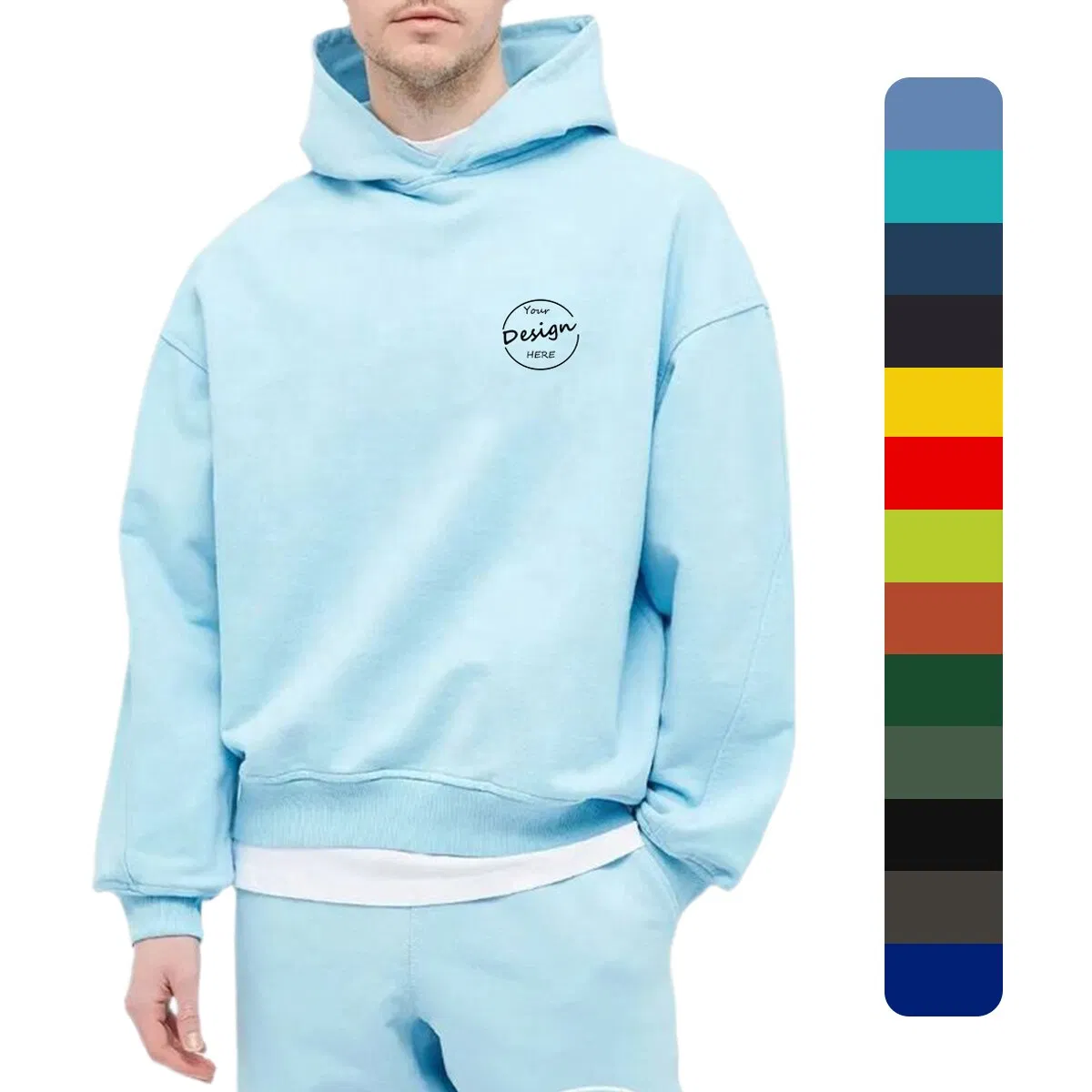 Sudadera con Capucha Personalizada con Estampado de Pantalla al por Mayor de Highstreet, 100% Algodón, Forro Polar Pesado, Informal, de Alta Calidad, Suave, Azul Claro, con Capucha