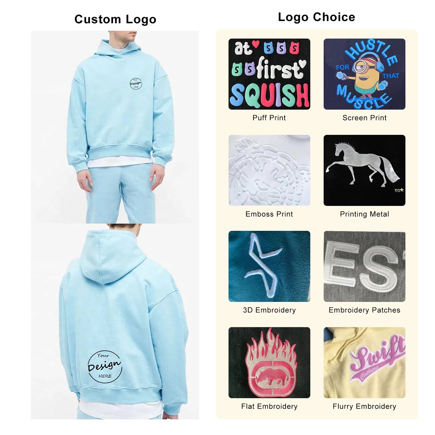 Sudadera con Capucha Personalizada con Estampado de Pantalla al por Mayor de Highstreet, 100% Algodón, Forro Polar Pesado, Informal, de Alta Calidad, Suave, Azul Claro, con Capucha