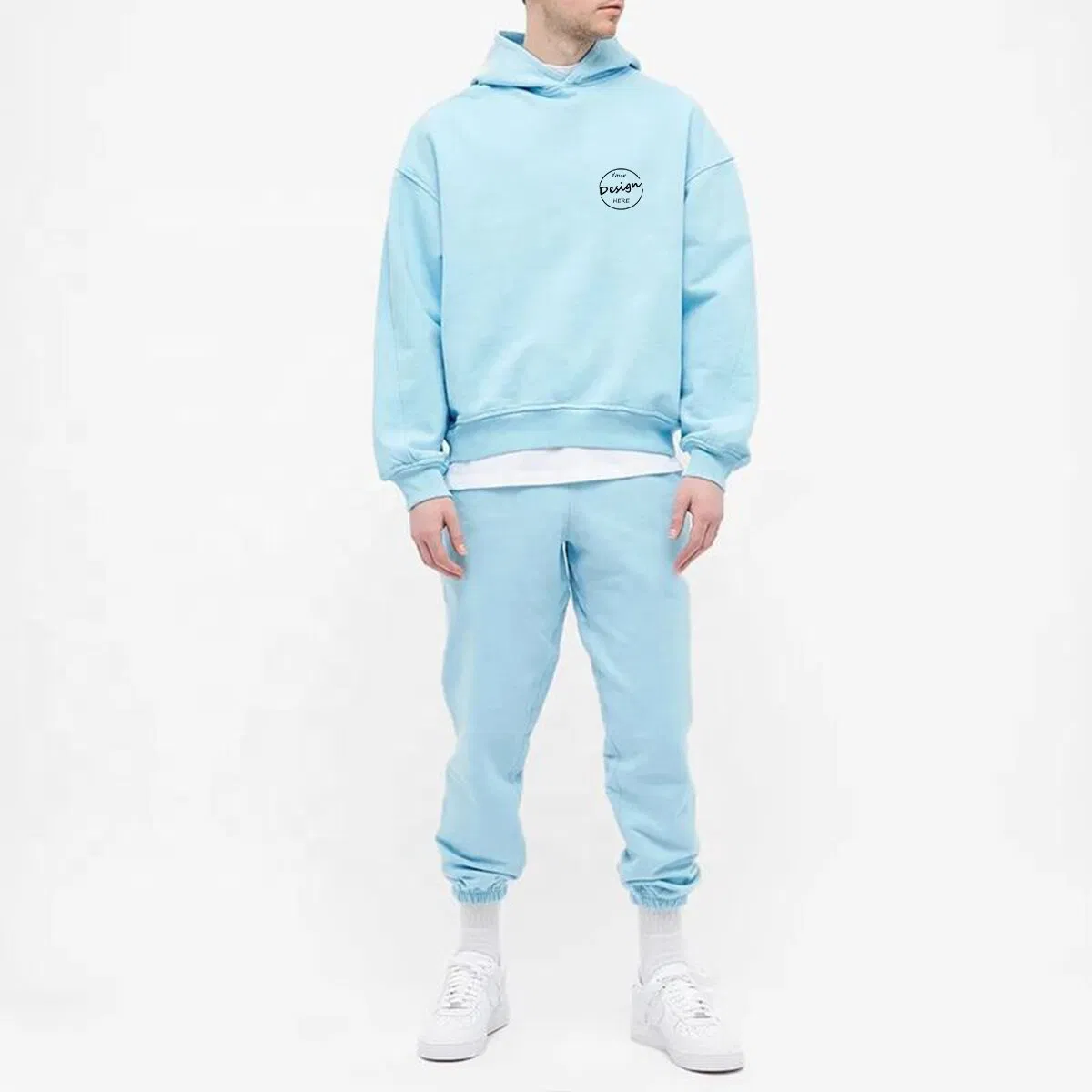 Sudadera con Capucha Personalizada con Estampado de Pantalla al por Mayor de Highstreet, 100% Algodón, Forro Polar Pesado, Informal, de Alta Calidad, Suave, Azul Claro, con Capucha