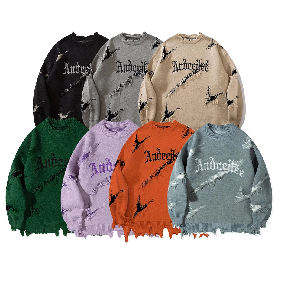 Suéteres con Agujeros de Otoño Jersey Jacquard de Cuello redondo Tejido Dañado Suéter de talla grande para hombre&prime;s