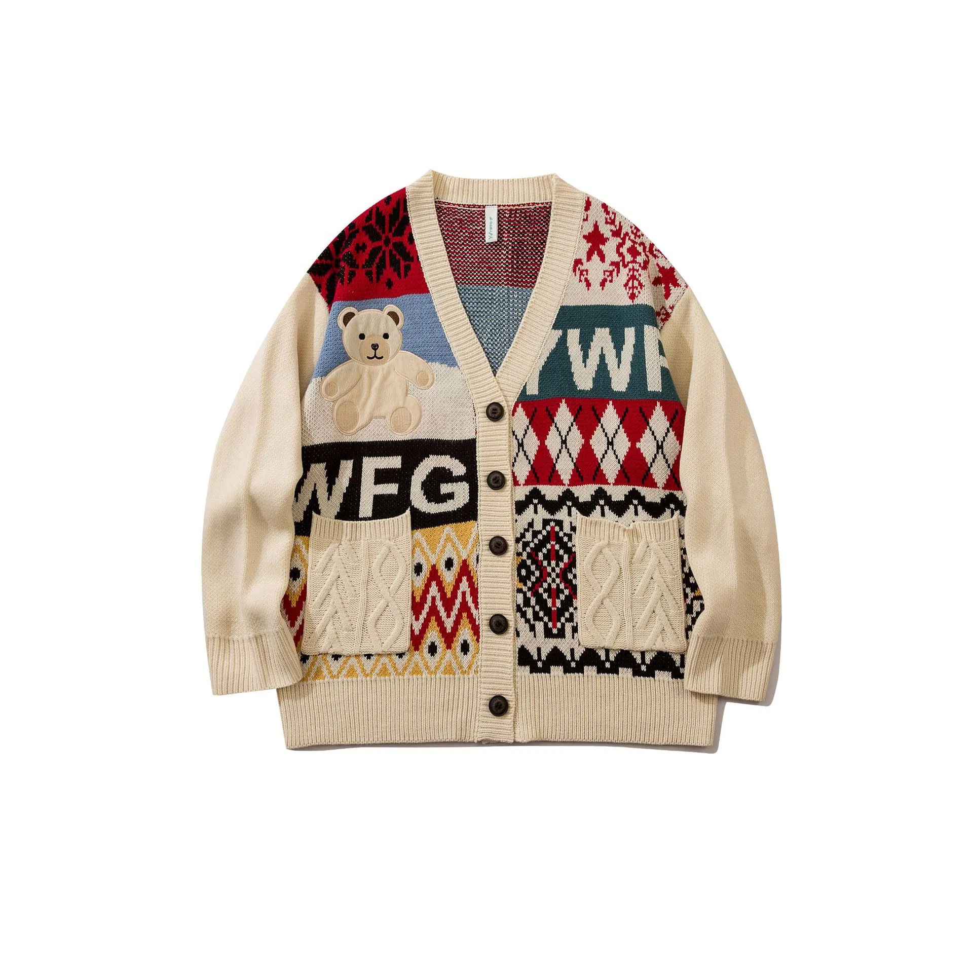Cárdigan de Punto de Oso de Dibujos Animados de Estilo Retro Americano Unisex Suéter con Cuello en V de Manga Larga