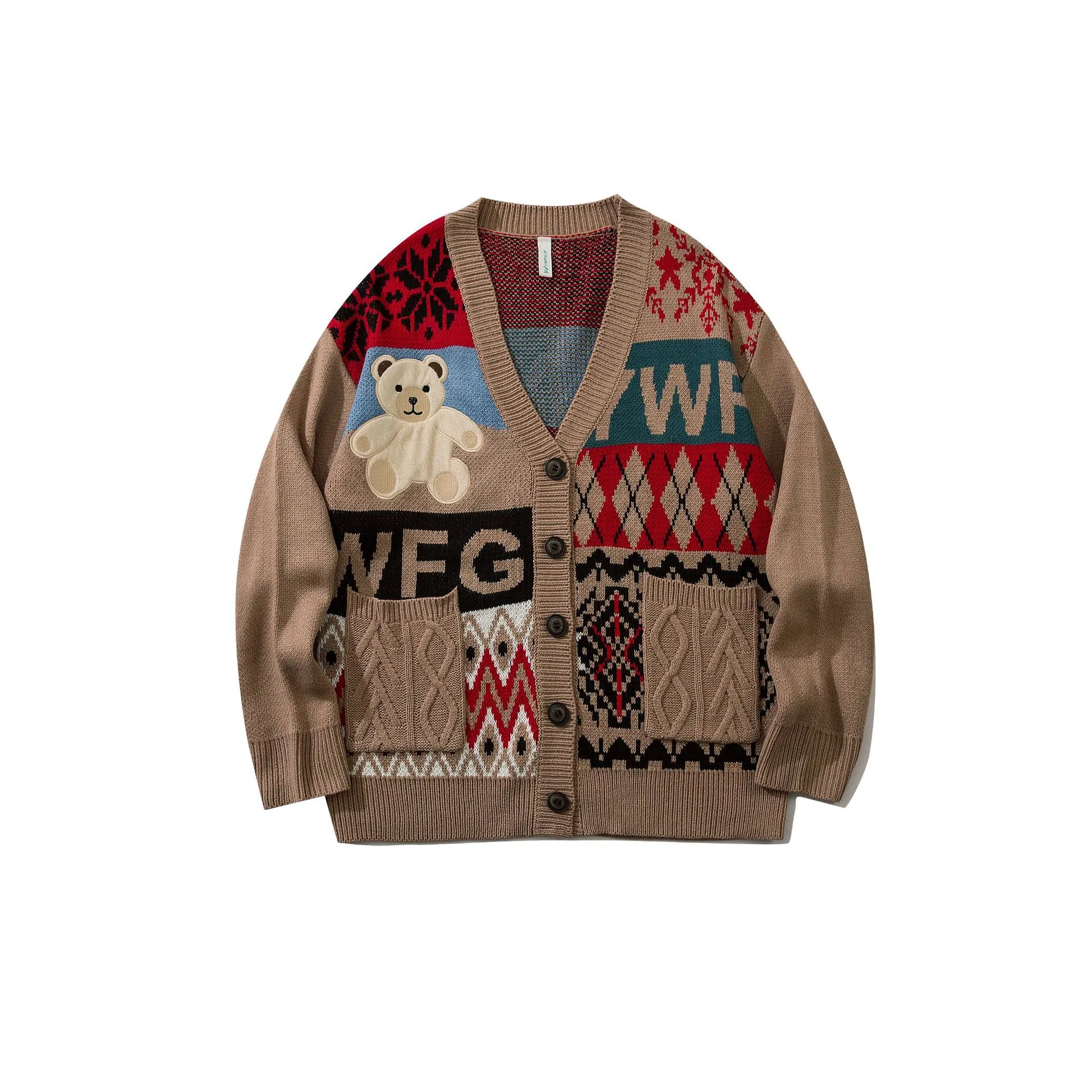 Cárdigan de Punto de Oso de Dibujos Animados de Estilo Retro Americano Unisex Suéter con Cuello en V de Manga Larga