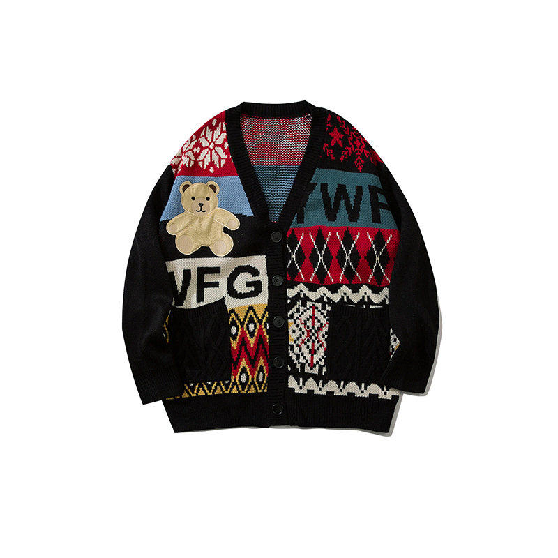 Cárdigan de Punto de Oso de Dibujos Animados de Estilo Retro Americano Unisex Suéter con Cuello en V de Manga Larga