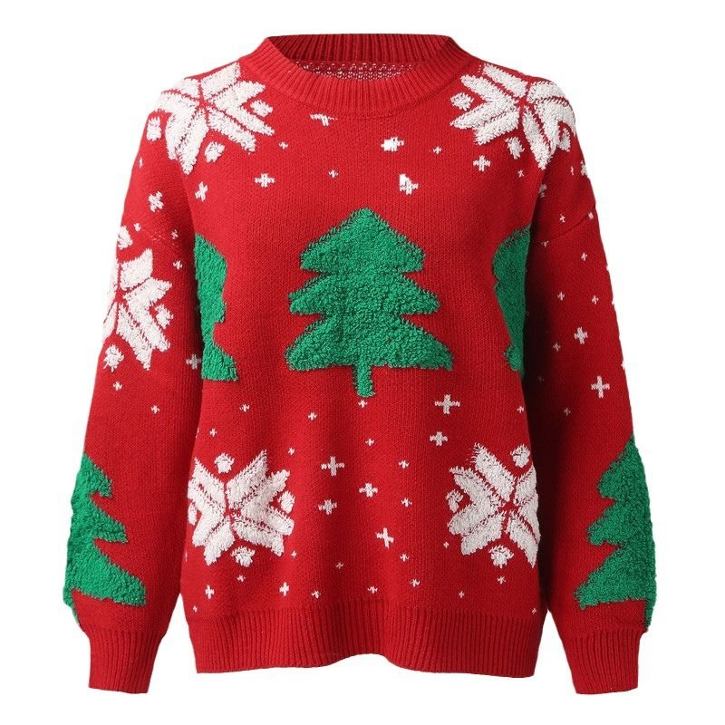 Nuevo Jersey de Árbol de Navidad con Cuello Redondo, Chaqueta Holgada de Copo de Nieve de Dibujos Animados Jacquard de Europa y Estados Unidos