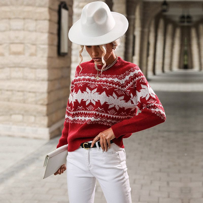 Otoño e Invierno Nuevas Mujeres&amp;prime;s Trend Jersey de copo de nieve Navideño de punto Rojo con cuello redondo
