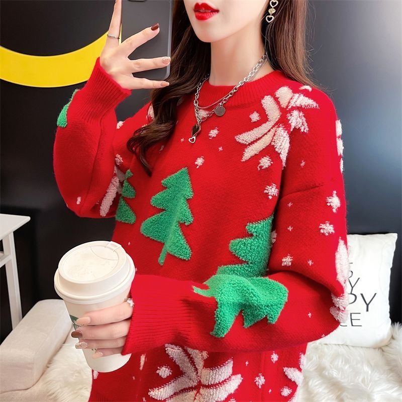 Nuevo Jersey Rojo de Navidad Para Mujer, Viento Perezoso, Suelto, Exterior, Coreano, Chaqueta de Punto, Tops Gruesos