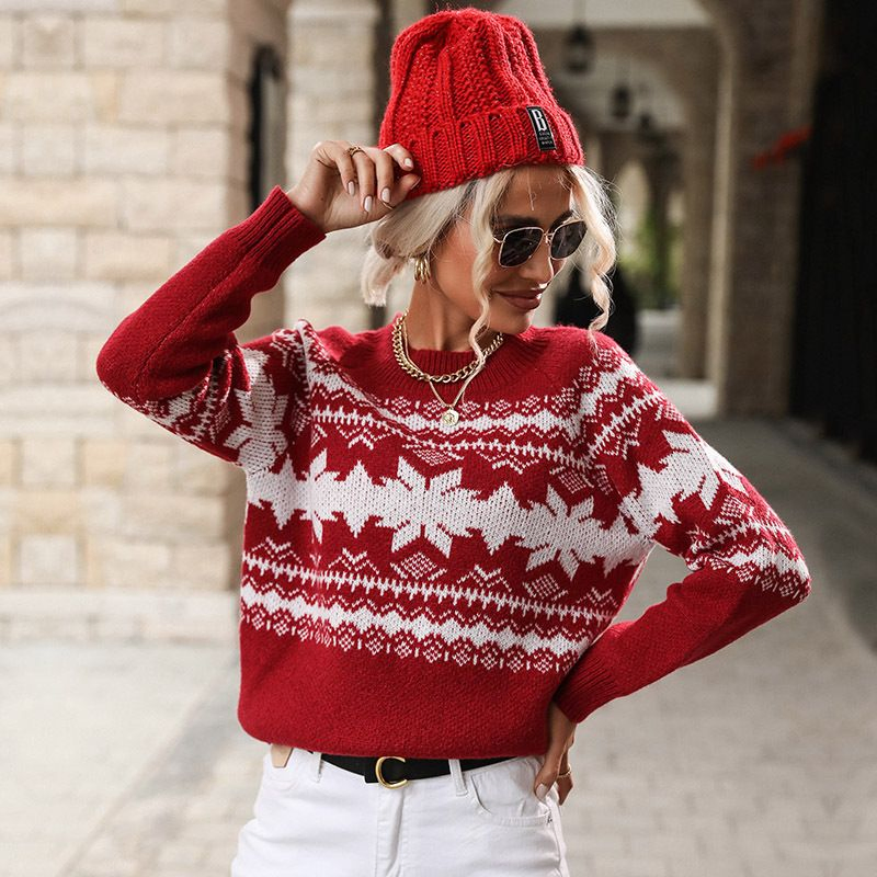 Otoño e Invierno Nuevas Mujeres&amp;prime;s Trend Jersey de copo de nieve Navideño de punto Rojo con cuello redondo