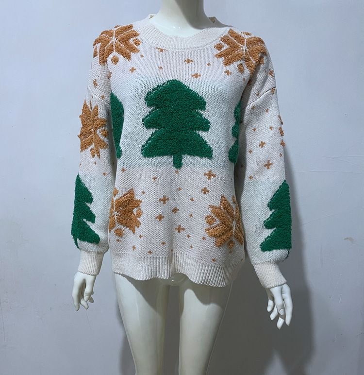 Nuevo Jersey de Árbol de Navidad con Cuello Redondo, Chaqueta Holgada de Copo de Nieve de Dibujos Animados Jacquard de Europa y Estados Unidos
