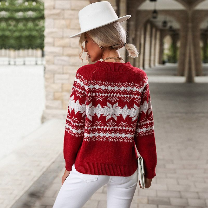 Otoño e Invierno Nuevas Mujeres&amp;prime;s Trend Jersey de copo de nieve Navideño de punto Rojo con cuello redondo