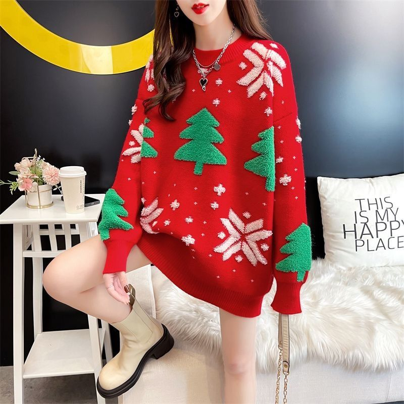 Nuevo Jersey Rojo de Navidad Para Mujer, Viento Perezoso, Suelto, Exterior, Coreano, Chaqueta de Punto, Tops Gruesos