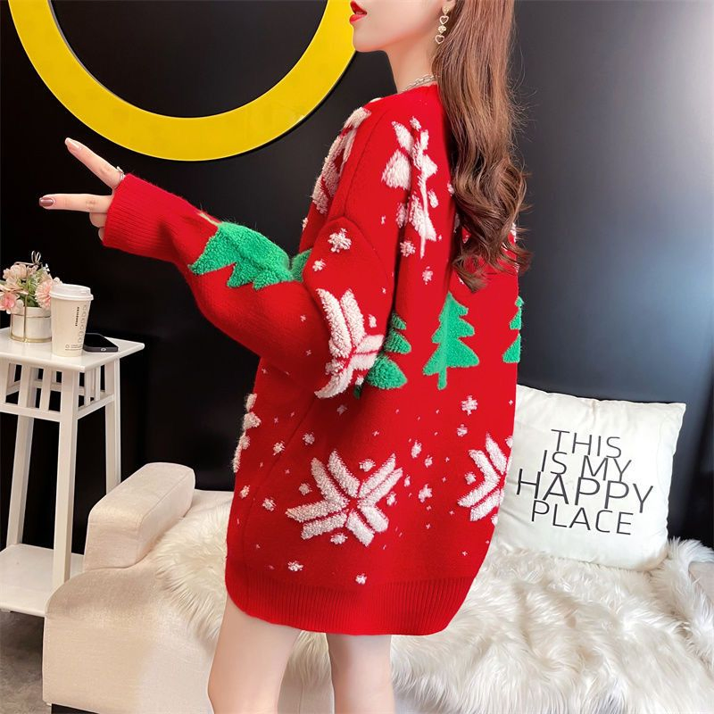 Nuevo Jersey Rojo de Navidad Para Mujer, Viento Perezoso, Suelto, Exterior, Coreano, Chaqueta de Punto, Tops Gruesos