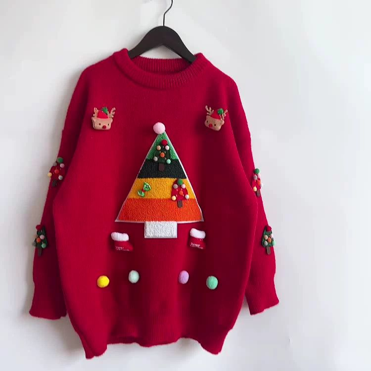 Suéter de Navidad Jersey de Decoración Tridimensional Jacquard de Árbol de Navidad Prendas de punto para Mujer & prime;s
