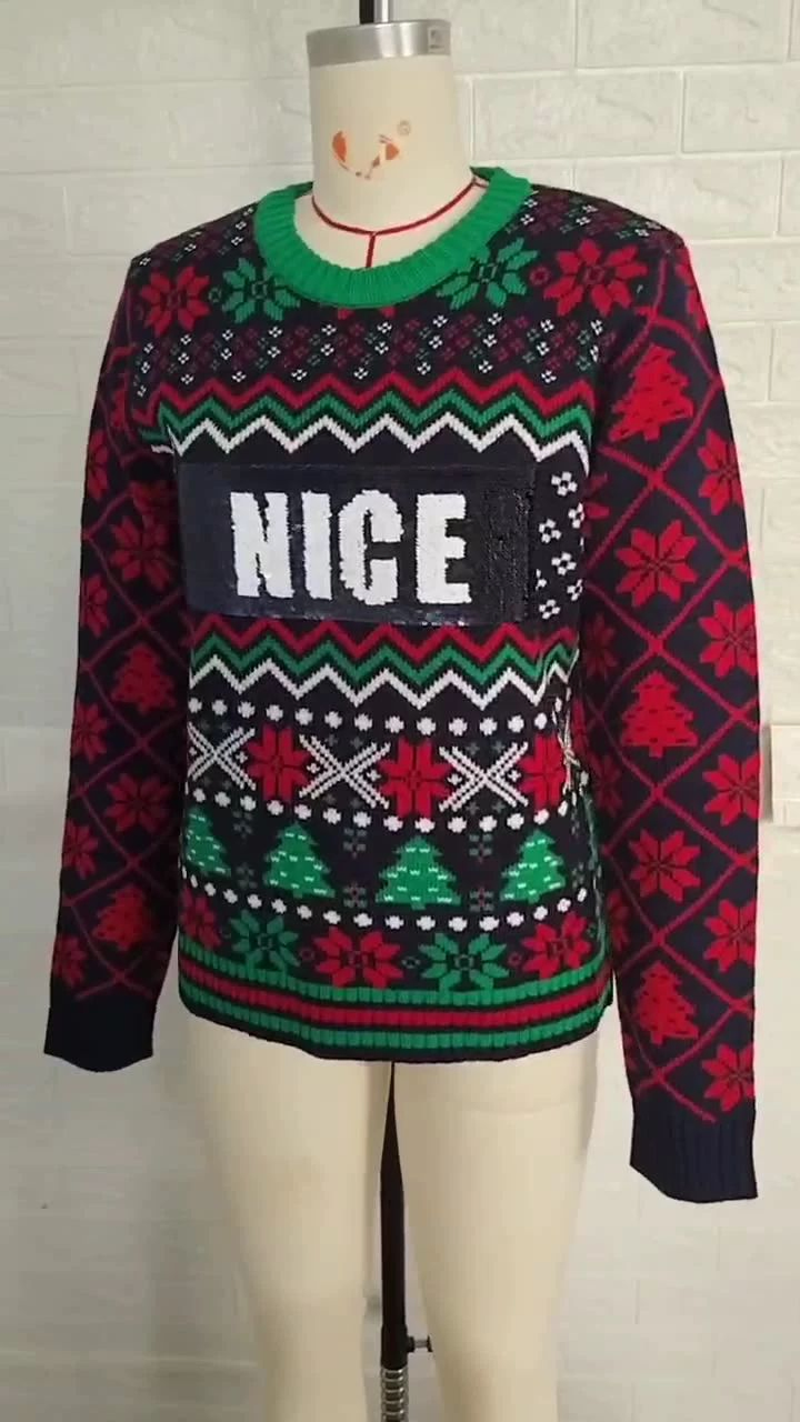 Suéter Navideño Jacquard Bordado de Lentejuelas Suéter Holgado de Punto de Manga Larga Holgado