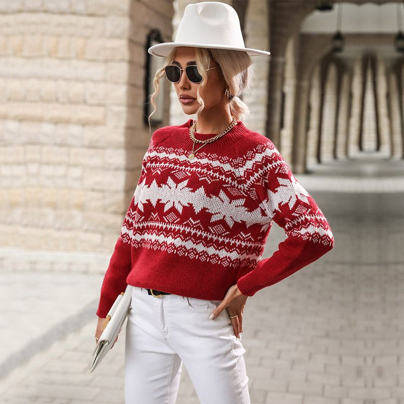 Otoño e Invierno Nuevas Mujeres&amp;prime;s Trend Jersey de copo de nieve Navideño de punto Rojo con cuello redondo