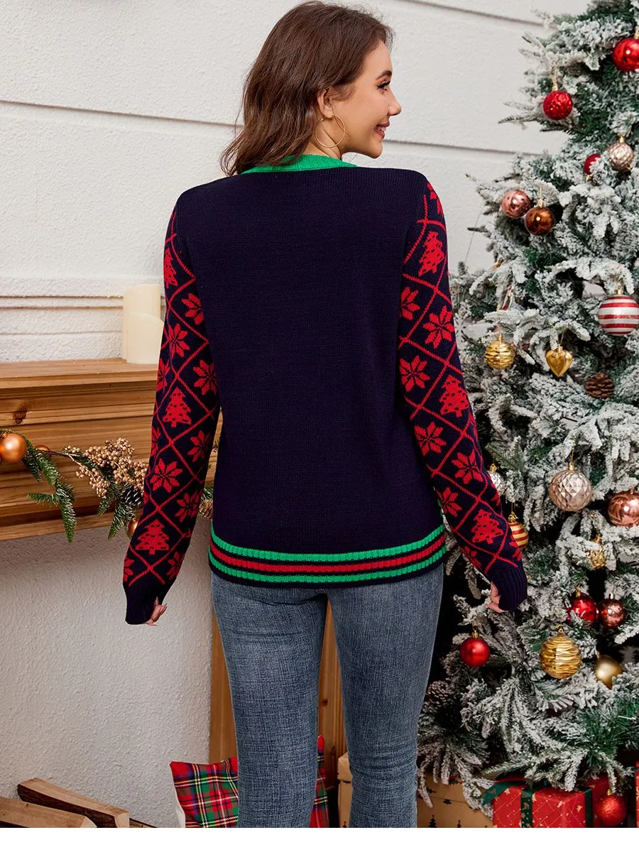 Suéter Navideño Jacquard Bordado de Lentejuelas Suéter Holgado de Punto de Manga Larga Holgado