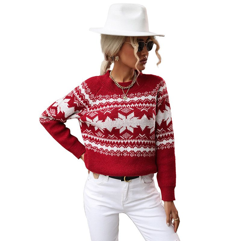 Otoño e Invierno Nuevas Mujeres&prime;s Trend Jersey de copo de nieve Navideño de punto Rojo con cuello redondo