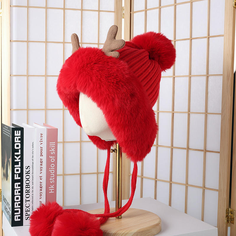 Sombrero de Astas de Reno de Navidad Rojo de Punto de Felpa Divertido Lindo de Invierno con POMPÓN