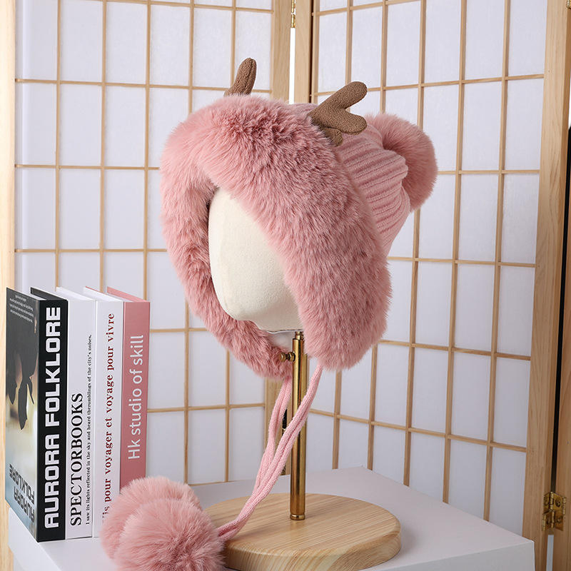 Sombrero de Astas de Reno de Navidad Rojo de Punto de Felpa Divertido Lindo de Invierno con POMPÓN