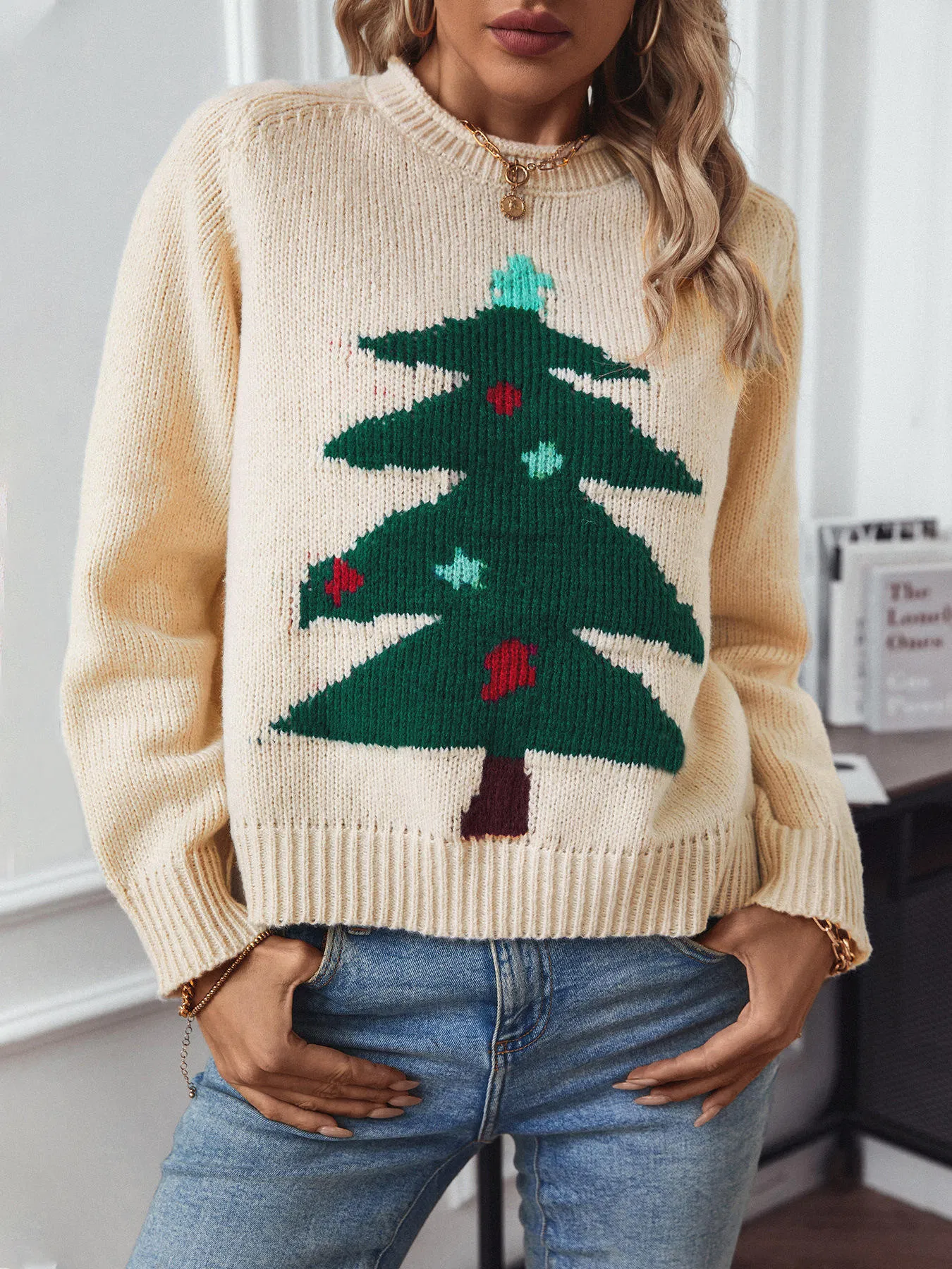 Jersey de Árbol de Navidad para Mujer & amp;prime; s Suéter Cálido de punto Suelto con cuello vuelto