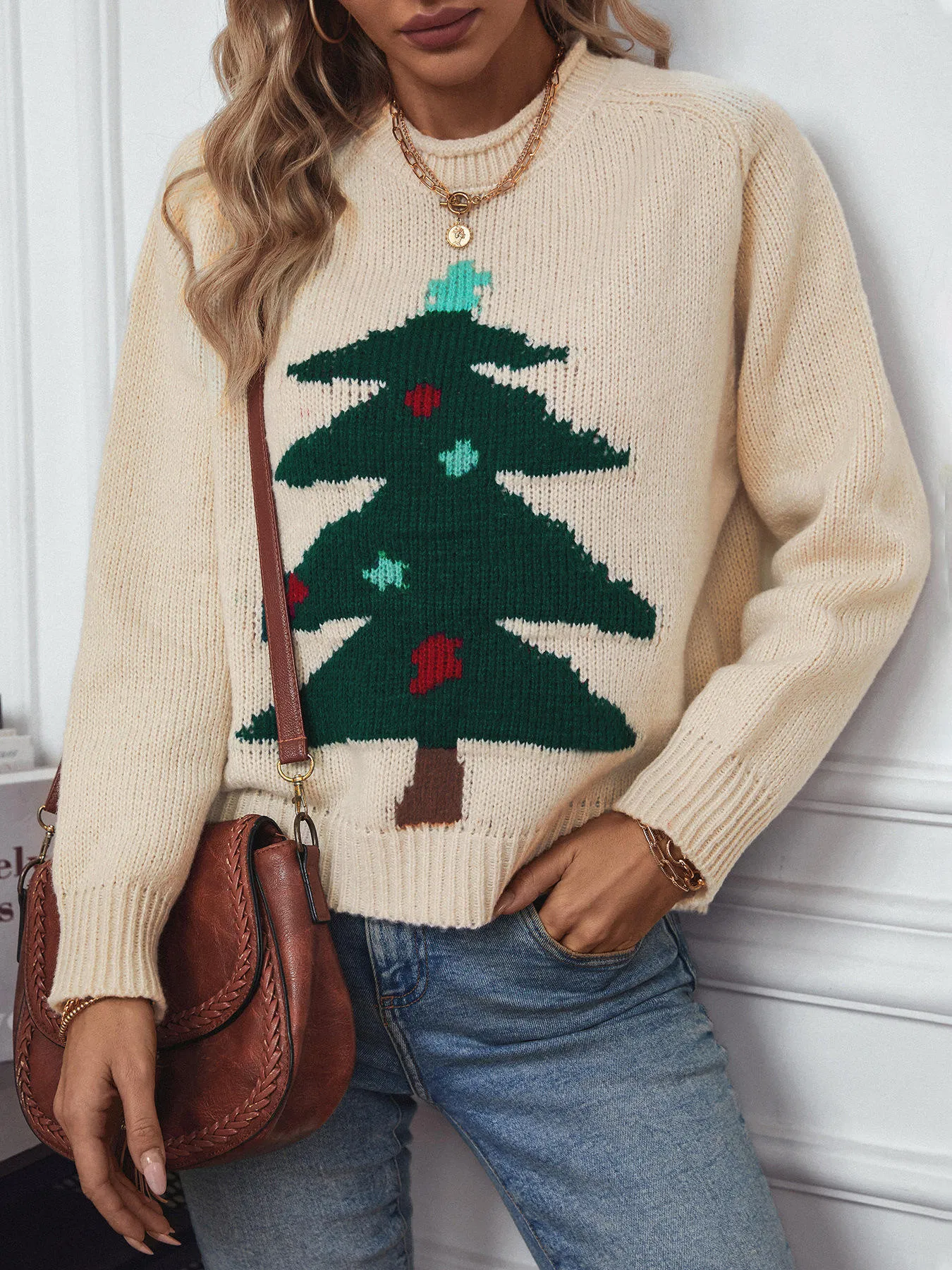 Jersey de Árbol de Navidad para Mujer & amp;prime; s Suéter Cálido de punto Suelto con cuello vuelto