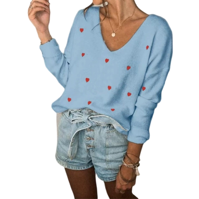 Suéter de punto Jacquard con Cuello en V y Corazón de Amor de Manga Larga para el Día de San Valentín y Primavera