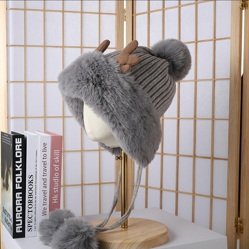 Sombrero de Astas de Reno de Navidad Rojo de Punto de Felpa Divertido Lindo de Invierno con POMPÓN