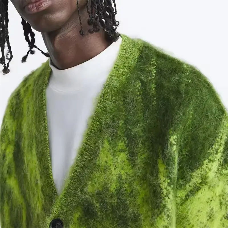 Logotipo personalizado OEM ODM Cardigan Mohair Jacquard Suéter de punto para hombres&prime; s Suéter de moda de punto personalizado para hombres