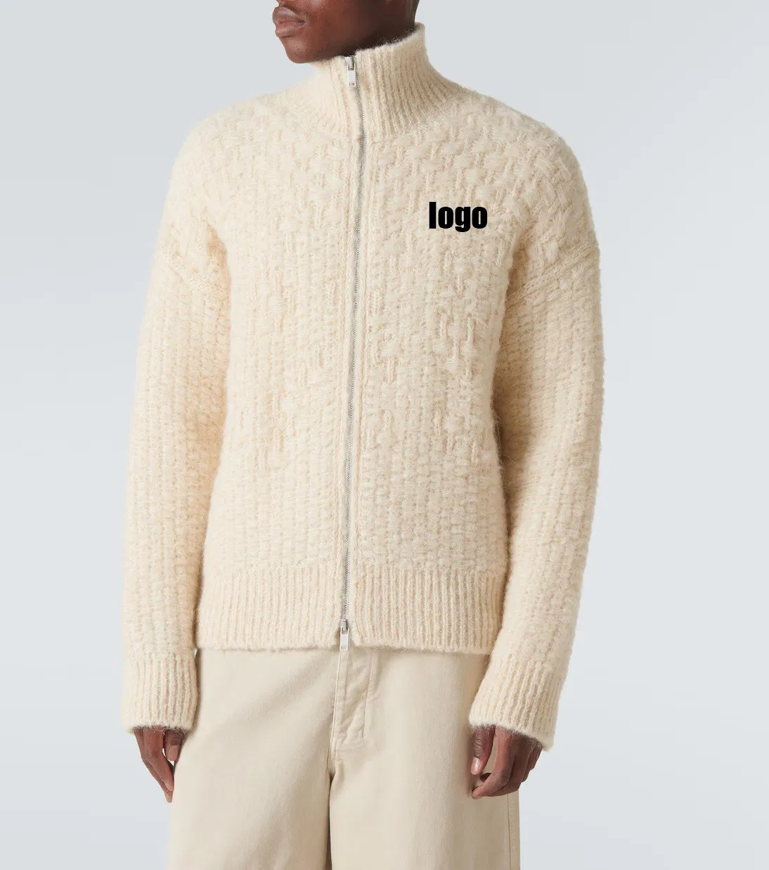 Suéter con Logotipo Bordado Personalizado Suéter de Lana Merino con Cremallera de Invierno Suéter de gran tamaño de Cuello Alto de Alta Calidad para Hombre