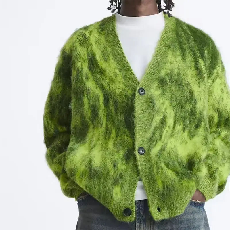 Logotipo personalizado OEM ODM Cardigan Mohair Jacquard Suéter de punto para hombres&prime; s Suéter de moda de punto personalizado para hombres