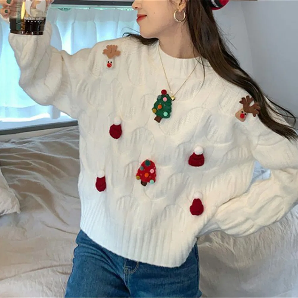 Suéteres Navideños De Invierno De Alta Calidad Al Por Mayor, Jersey Bordado de Cuello Alto Con Cuello Alto, Suéteres Feos Navideños De Punto De Tamaño Ov Ersized