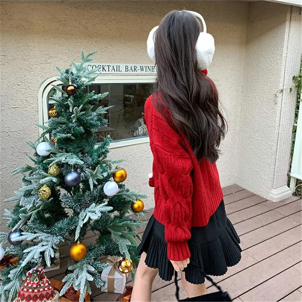Suéteres Navideños De Invierno De Alta Calidad Al Por Mayor, Jersey Bordado de Cuello Alto Con Cuello Alto, Suéteres Feos Navideños De Punto De Tamaño Ov Ersized
