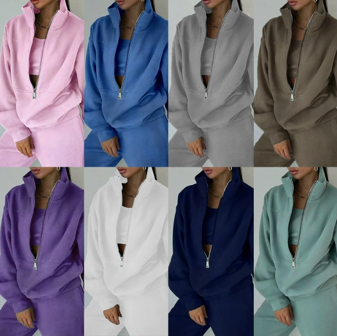 Ropa de Otoño e Invierno para Mujer, Conjunto de Dos Piezas de Poliéster, Suéter con Cremallera, Pantalones Deportivos de Lana, Conjunto Informal, Logotipo Personalizado