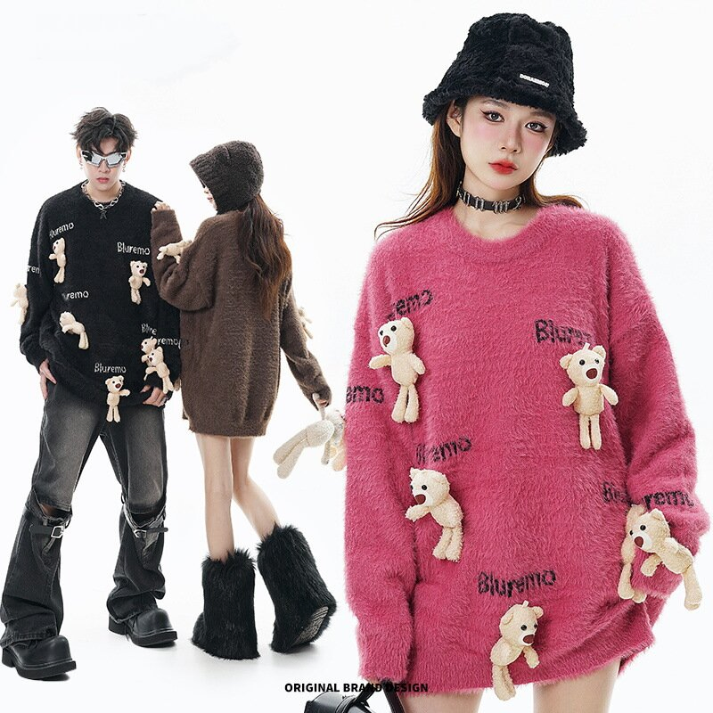 Nuevo Suéter Suelto de Cuello Redondo Jacquard con Letras de Punto de Muñeca de Oso Pequeño de Dibujos Animados Divertidos
