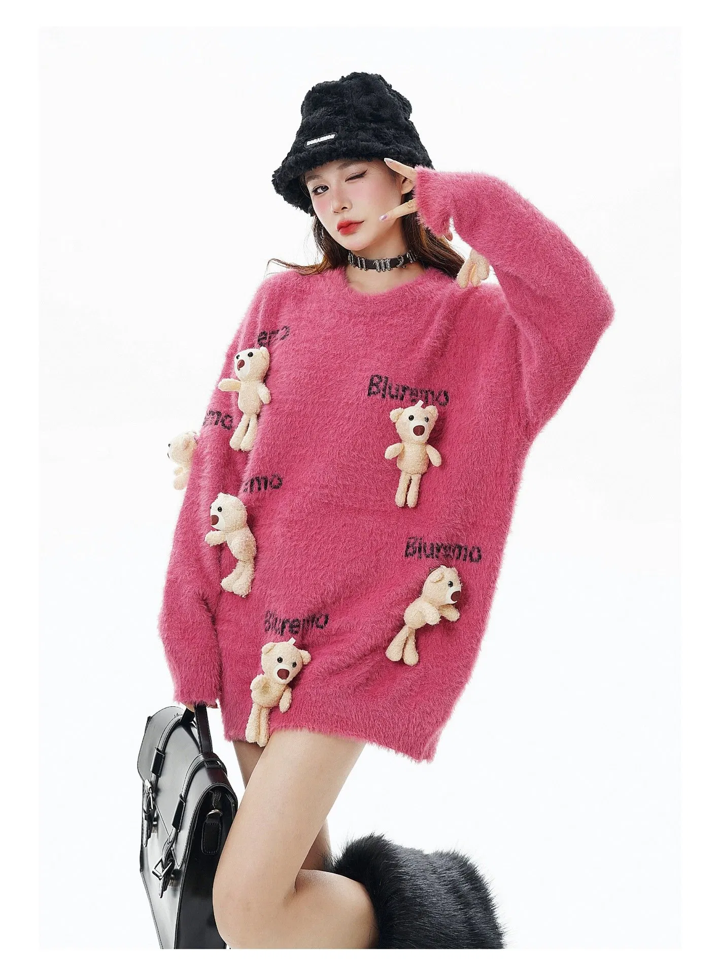 Nuevo Suéter Suelto de Cuello Redondo Jacquard con Letras de Punto de Muñeca de Oso Pequeño de Dibujos Animados Divertidos