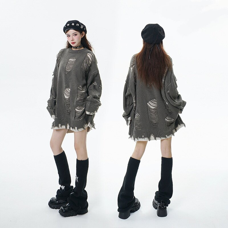 Otoño e Invierno de Gran tamaño de Moda Retro Falso Suéter Desgastado de Dos piezas Camiseta de Manga larga para Mujer & prime; s