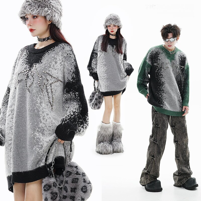 Suéter de Contraste de Cuentas de Metal Jacquard Degradado de Nueva Moda Jersey de cuello redondo de punto