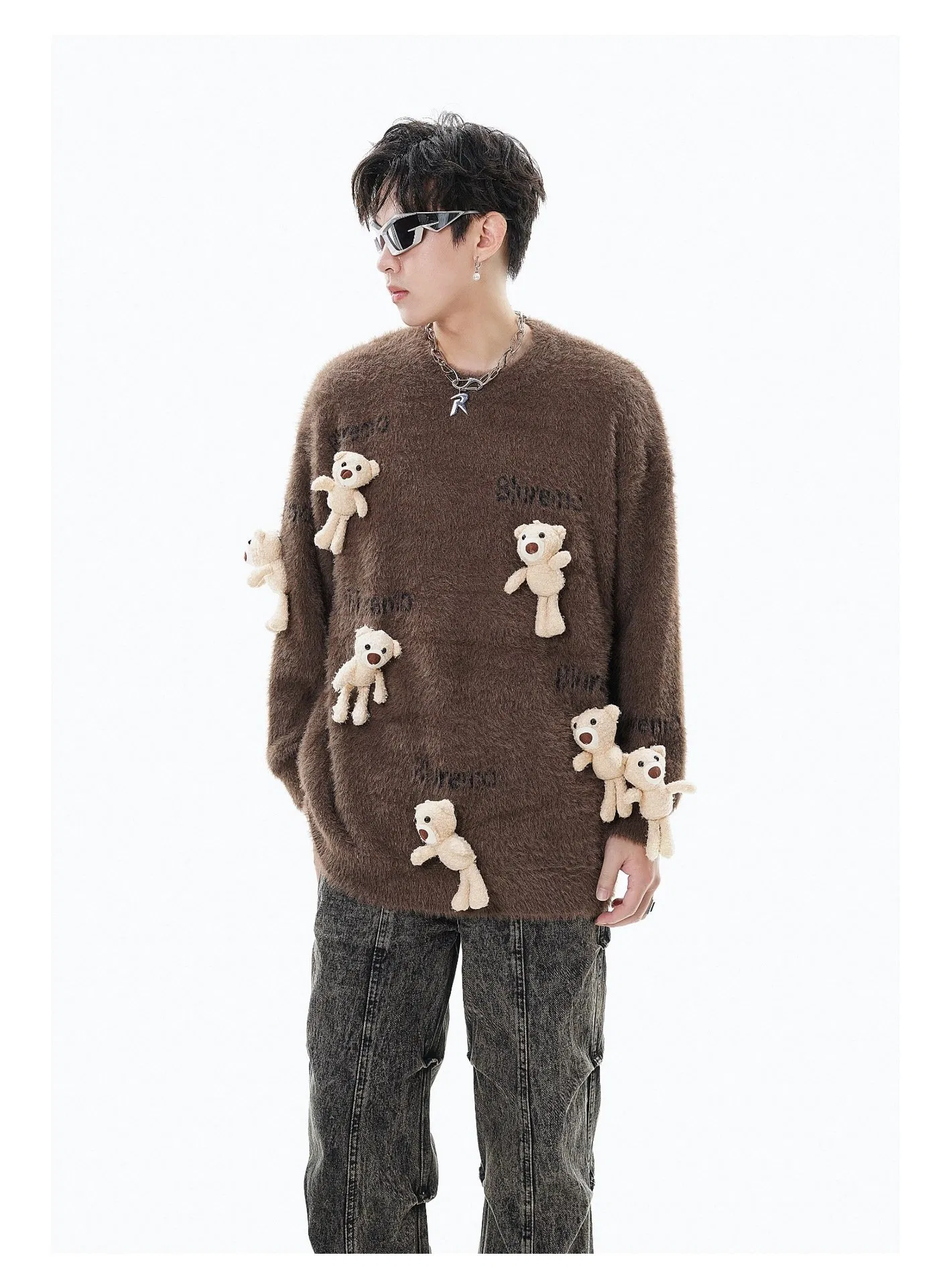 Nuevo Suéter Suelto de Cuello Redondo Jacquard con Letras de Punto de Muñeca de Oso Pequeño de Dibujos Animados Divertidos