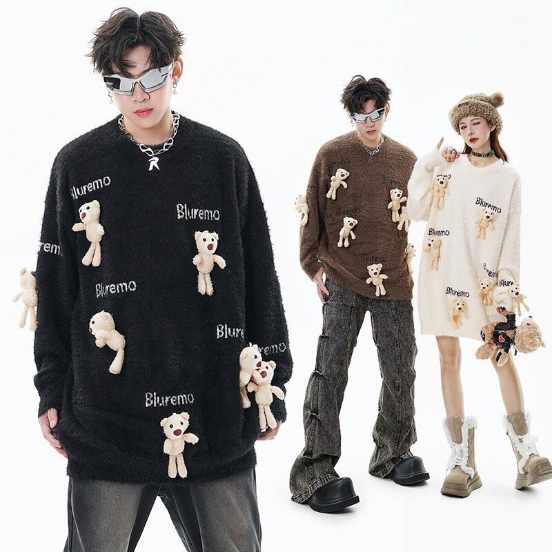 Nuevo Suéter Suelto de Cuello Redondo Jacquard con Letras de Punto de Muñeca de Oso Pequeño de Dibujos Animados Divertidos
