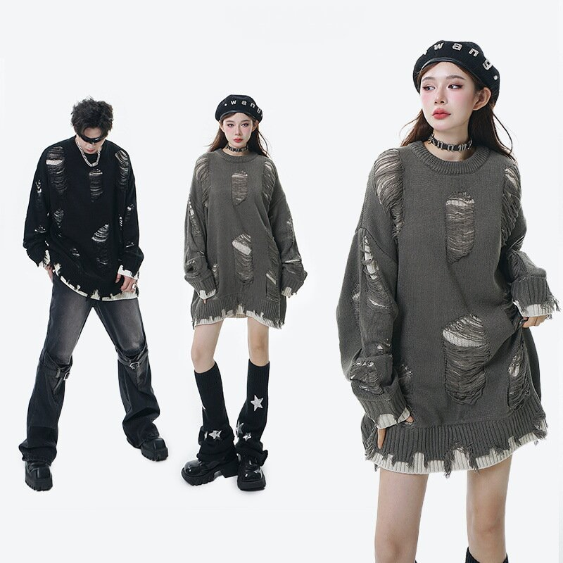 Otoño e Invierno de Gran tamaño de Moda Retro Falso Suéter Desgastado de Dos piezas Camiseta de Manga larga para Mujer & prime; s