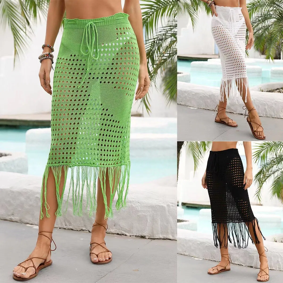 2024 Amazon Verano Nueva Camisa de Playa Hueca Bikini Flecos Playa Cubrir Media Falda Falda de Punto para Mujer Recorte