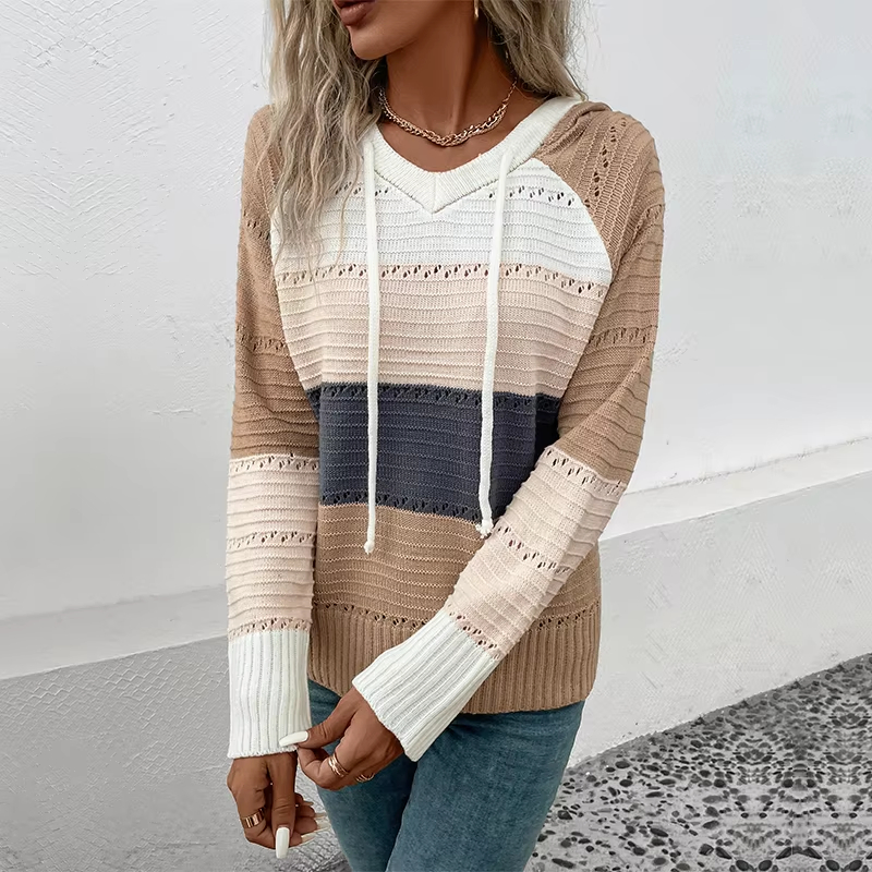 Sudaderas con Capucha a Rayas con Cremallera para Mujer, Chaquetas con Estampado de Bloques de Color, Sudaderas Informales con Cordón