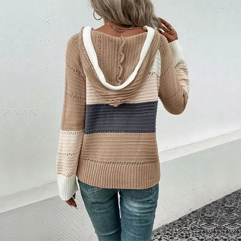 Sudaderas con Capucha a Rayas con Cremallera para Mujer, Chaquetas con Estampado de Bloques de Color, Sudaderas Informales con Cordón