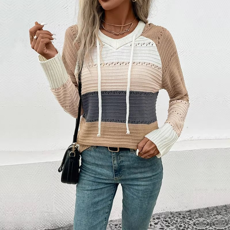 Sudaderas con Capucha a Rayas con Cremallera para Mujer, Chaquetas con Estampado de Bloques de Color, Sudaderas Informales con Cordón