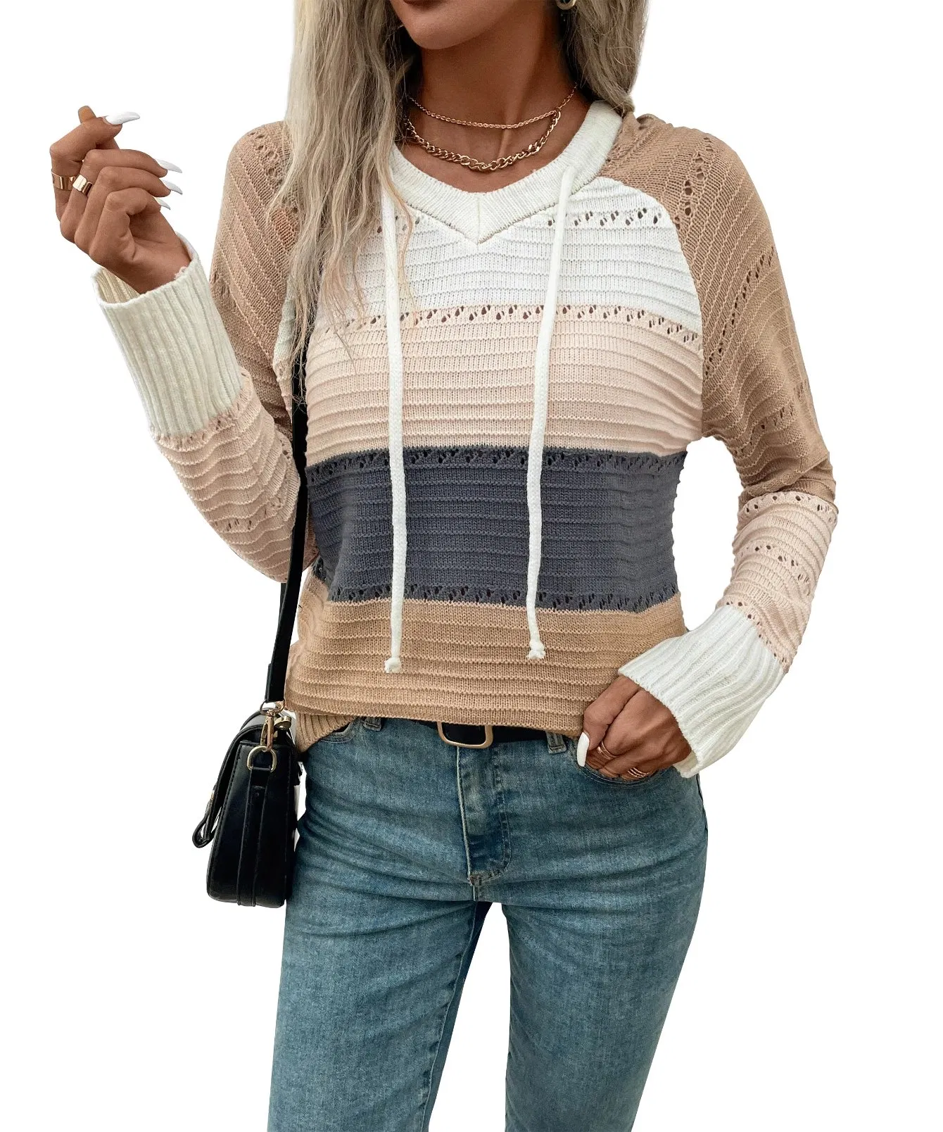 Sudaderas con Capucha a Rayas con Cremallera para Mujer, Chaquetas con Estampado de Bloques de Color, Sudaderas Informales con Cordón