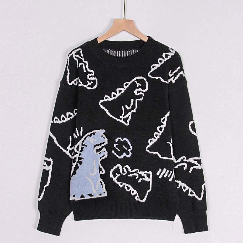 Otoño e Invierno Nuevo Suéter/Sudadera Suelta de Dinosaurio de Dibujos Animados con Cuello Redondo