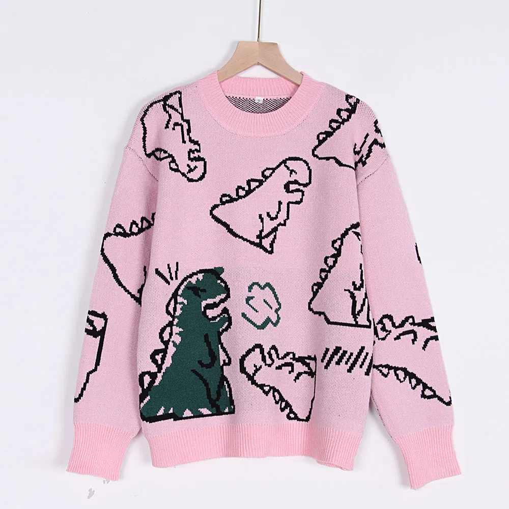 Otoño e Invierno Nuevo Suéter/Sudadera Suelta de Dinosaurio de Dibujos Animados con Cuello Redondo